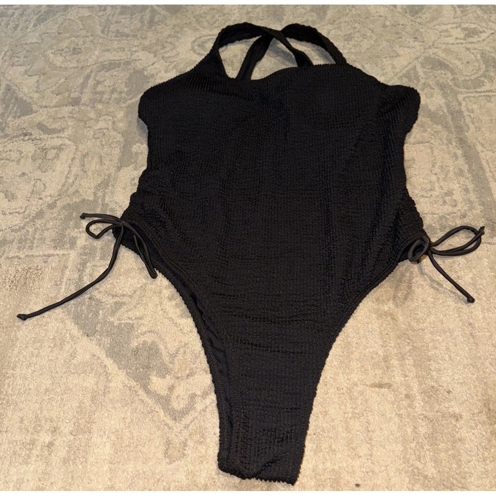 Black Stretchy One Piece High Cut Brazilian Swimsuit Swim Womens Side Tie Pads